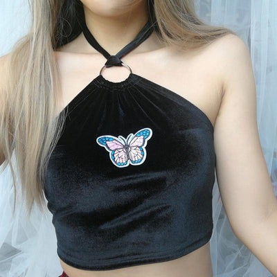 Y2K butterfly velvet crop top black front view